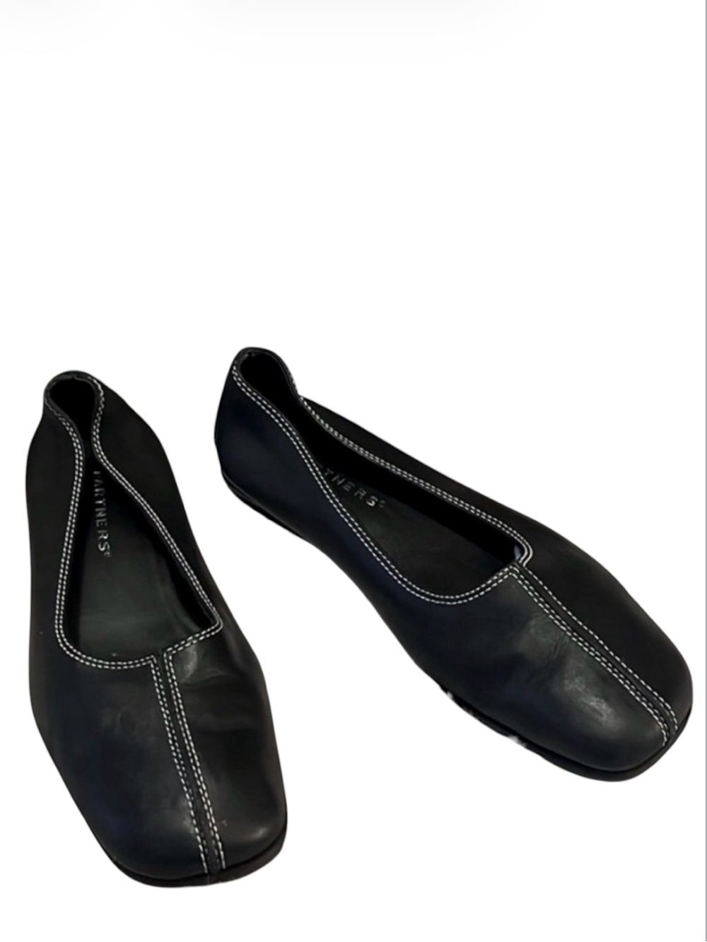 Partners Black Leather Low Wedge Retro Square Toe High Vamp Ballet Flats  7.5